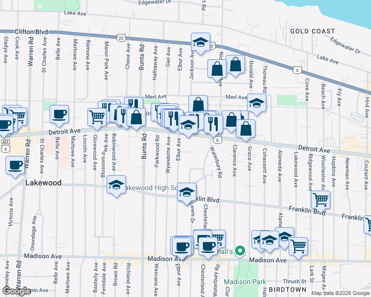 map of restaurants, bars, coffee shops, grocery stores, and more near 13540 Elbur Lane in Lakewood