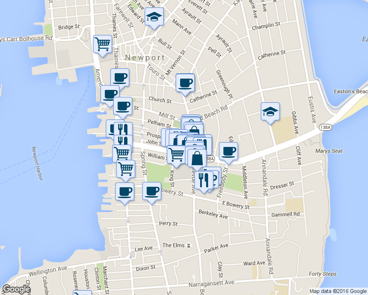 map of restaurants, bars, coffee shops, grocery stores, and more near 83 John Street in Newport
