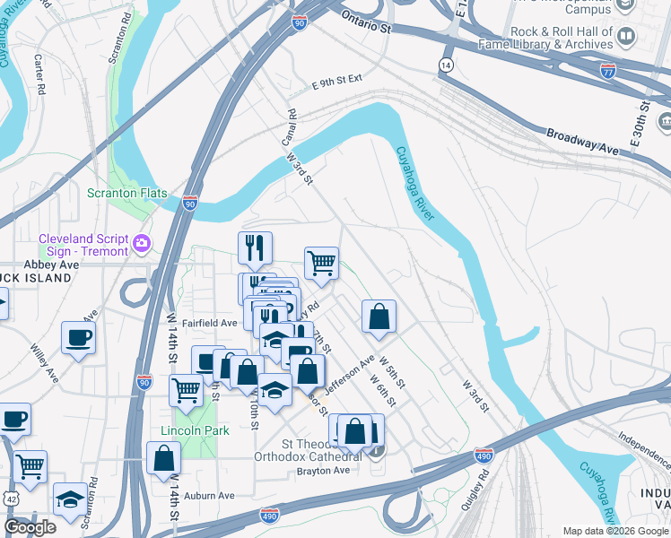 map of restaurants, bars, coffee shops, grocery stores, and more near 2175 West 5th Street in Cleveland