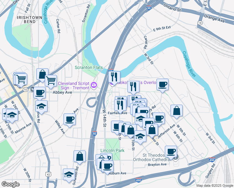 map of restaurants, bars, coffee shops, grocery stores, and more near 2071 West 13th Place in Cleveland
