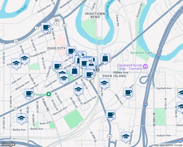map of restaurants, bars, coffee shops, grocery stores, and more near 2061 Gehring Avenue in Cleveland