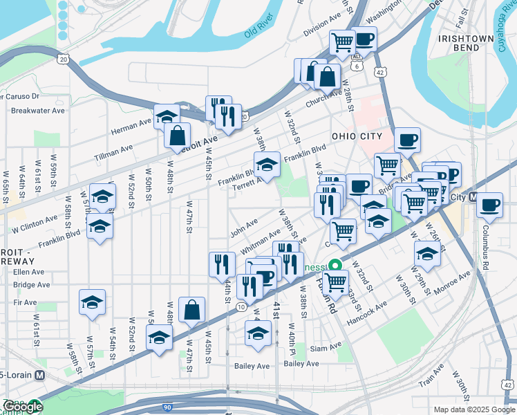 map of restaurants, bars, coffee shops, grocery stores, and more near 3905 Woodbine Avenue in Cleveland