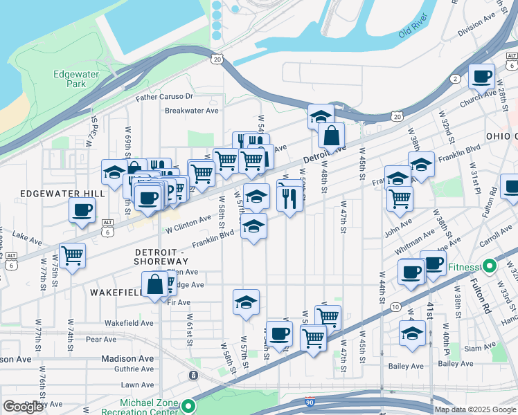 map of restaurants, bars, coffee shops, grocery stores, and more near 1454 West 54th Street in Cleveland