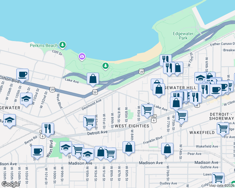map of restaurants, bars, coffee shops, grocery stores, and more near 8603 Lake Avenue in Cleveland