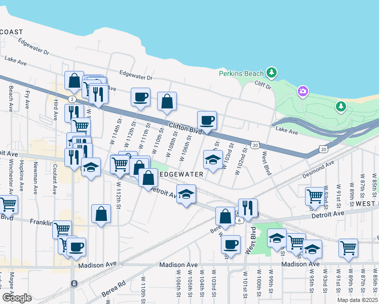 map of restaurants, bars, coffee shops, grocery stores, and more near 1305 West 106th Street in Cleveland