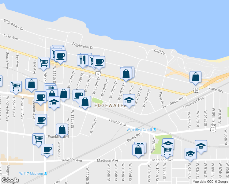 map of restaurants, bars, coffee shops, grocery stores, and more near 1305 West 106th Street in Cleveland