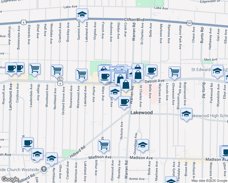 map of restaurants, bars, coffee shops, grocery stores, and more near 1432 Elmwood Avenue in Lakewood