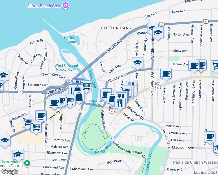 map of restaurants, bars, coffee shops, grocery stores, and more near 1329 Sloane Avenue in Lakewood