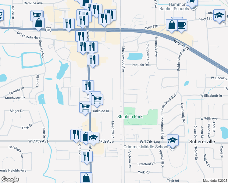 map of restaurants, bars, coffee shops, grocery stores, and more near 2115-2125 Meadow Lane in Schererville