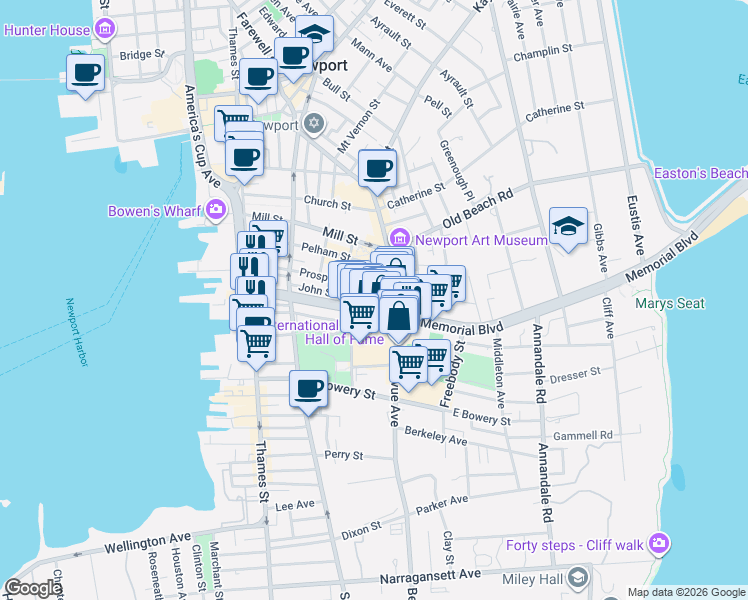 map of restaurants, bars, coffee shops, grocery stores, and more near 83 John Street in Newport