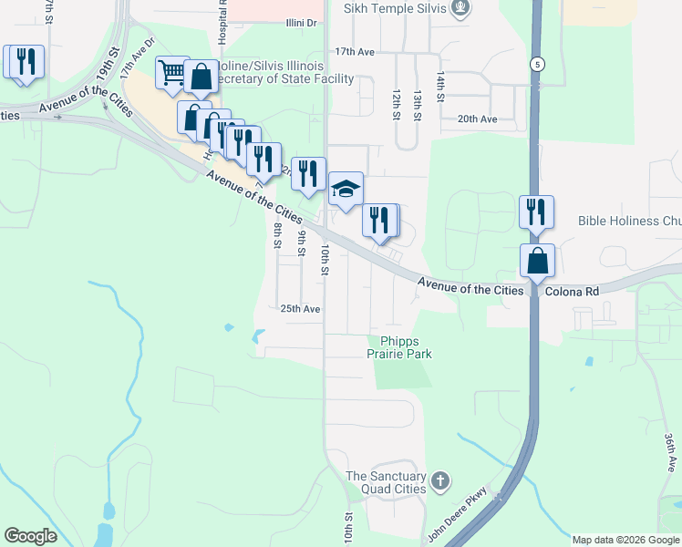 map of restaurants, bars, coffee shops, grocery stores, and more near 2319 10th Street in Silvis
