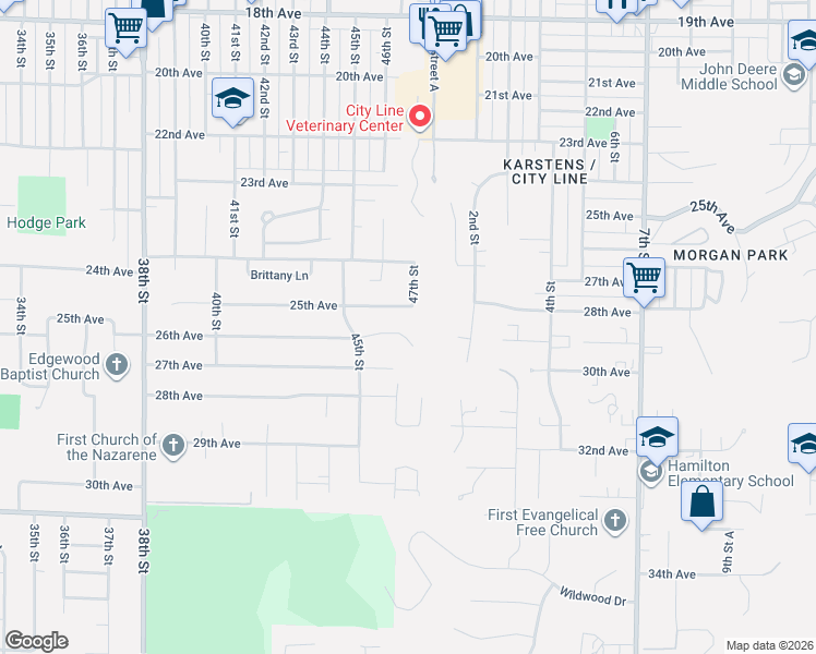map of restaurants, bars, coffee shops, grocery stores, and more near 4617 26th Avenue in Rock Island