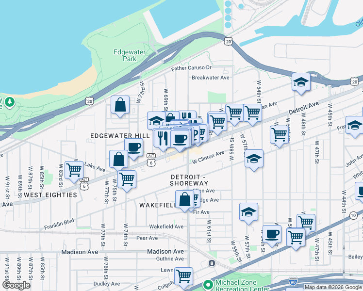 map of restaurants, bars, coffee shops, grocery stores, and more near 6516 Detroit Avenue in Cleveland