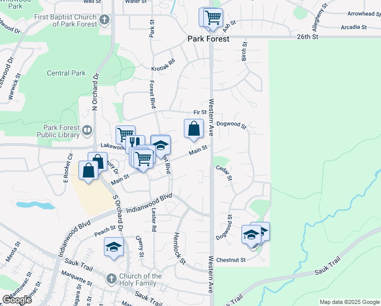map of restaurants, bars, coffee shops, grocery stores, and more near 48 Main Street in Park Forest