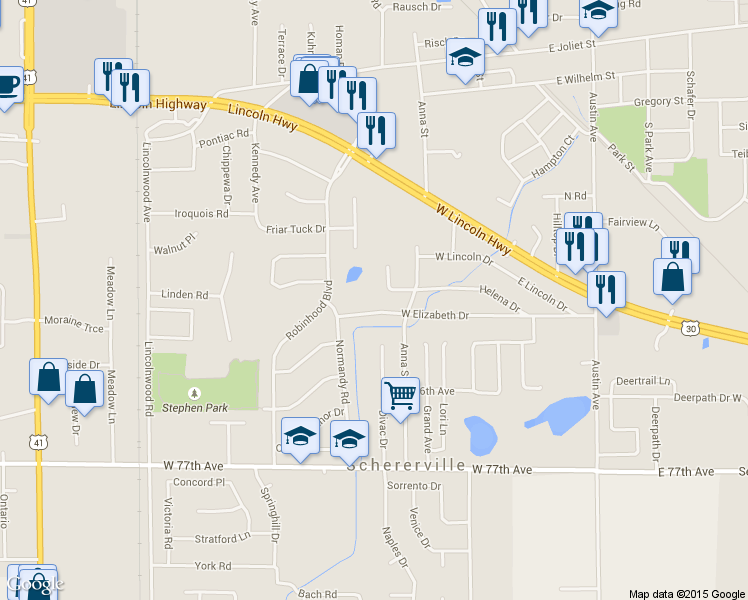 map of restaurants, bars, coffee shops, grocery stores, and more near 190 W Elizabeth Dr in Schererville