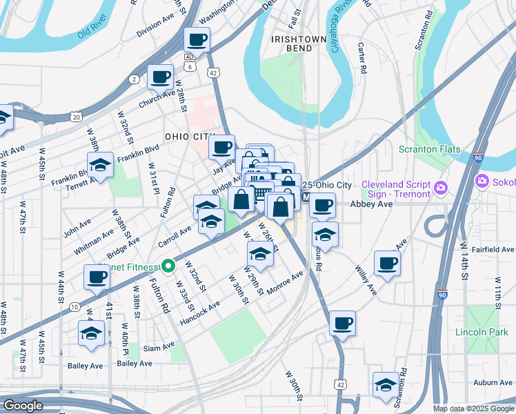 map of restaurants, bars, coffee shops, grocery stores, and more near 2519 Market Avenue in Cleveland