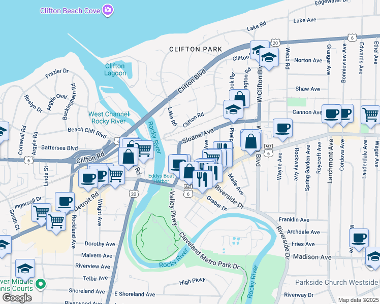 map of restaurants, bars, coffee shops, grocery stores, and more near 1322 Edanola Avenue in Lakewood