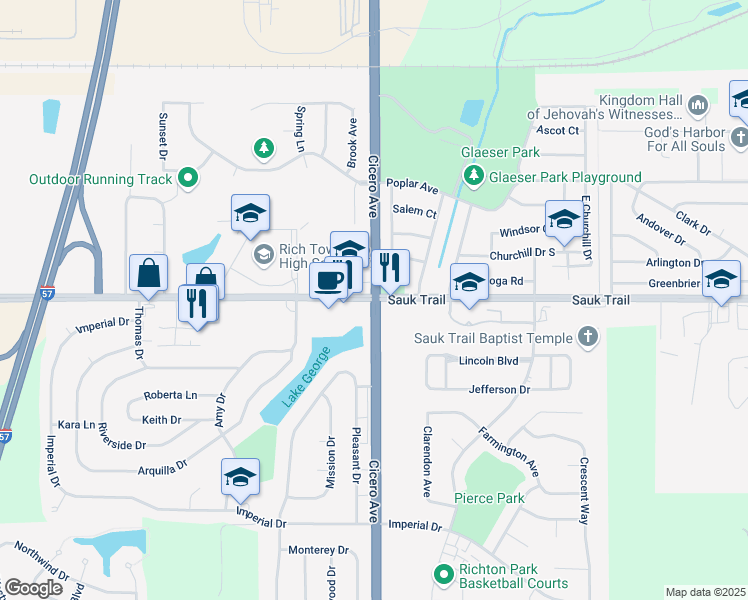 map of restaurants, bars, coffee shops, grocery stores, and more near Sauk Trail & S Cicero Ave in Richton Park
