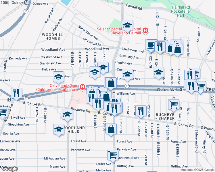 map of restaurants, bars, coffee shops, grocery stores, and more near 11535 Shaker Boulevard in Cleveland