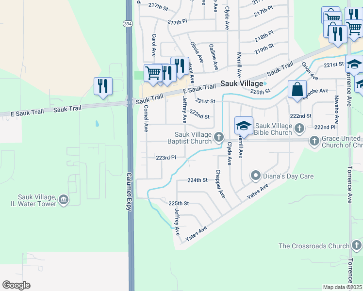 map of restaurants, bars, coffee shops, grocery stores, and more near 1794 223rd Street in Sauk Village