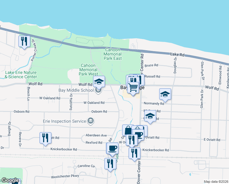 map of restaurants, bars, coffee shops, grocery stores, and more near 491 Cahoon Road in Bay Village