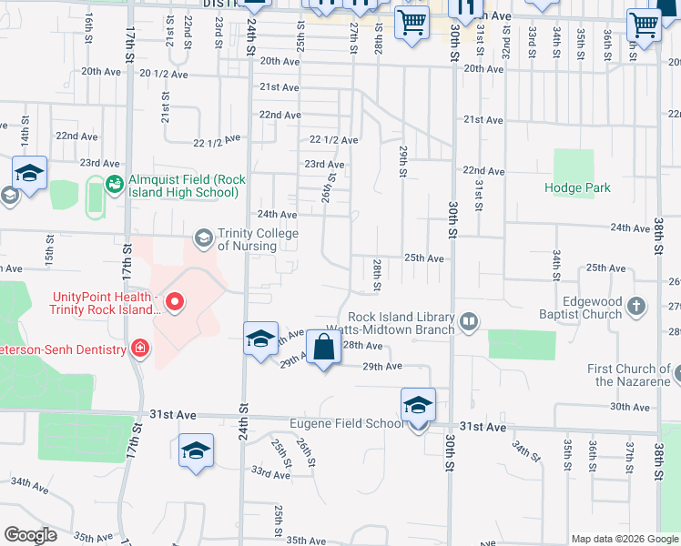 map of restaurants, bars, coffee shops, grocery stores, and more near 2604 27th Street in Rock Island