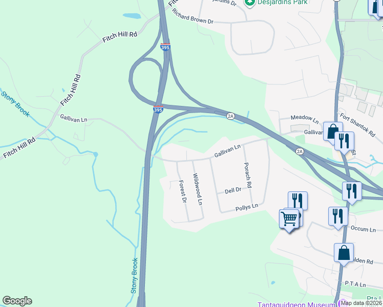 map of restaurants, bars, coffee shops, grocery stores, and more near 145 Gallivan Lane in Montville