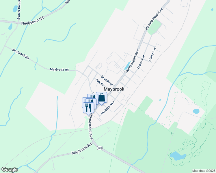 map of restaurants, bars, coffee shops, grocery stores, and more near 104 Oak Street in Maybrook