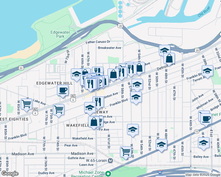 map of restaurants, bars, coffee shops, grocery stores, and more near 5912 West Clinton Avenue in Cleveland