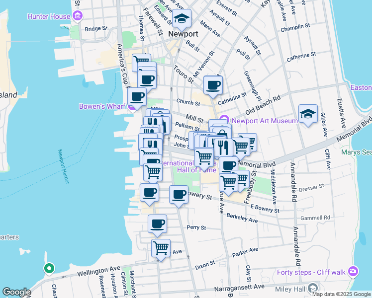 map of restaurants, bars, coffee shops, grocery stores, and more near 62 Rhode Island 138A in Newport
