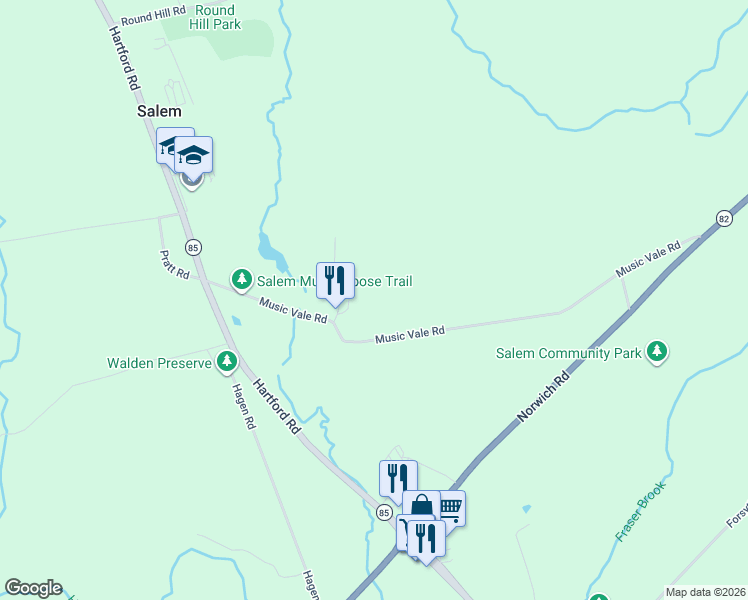 map of restaurants, bars, coffee shops, grocery stores, and more near 104 Music Vale Road in Salem