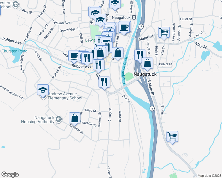 map of restaurants, bars, coffee shops, grocery stores, and more near 8 Scott Street in Naugatuck