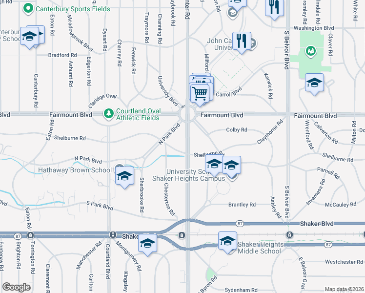 map of restaurants, bars, coffee shops, grocery stores, and more near 20301 Shelburne Road in Shaker Heights
