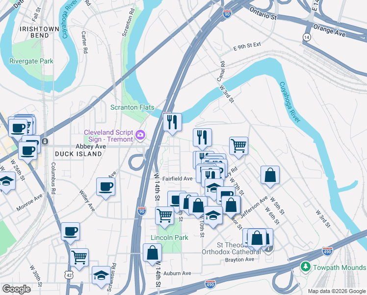 map of restaurants, bars, coffee shops, grocery stores, and more near 1019 Pelton Court in Cleveland