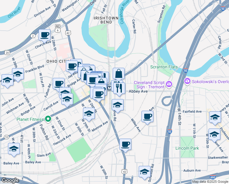 map of restaurants, bars, coffee shops, grocery stores, and more near 2081 Columbus Road in Cleveland