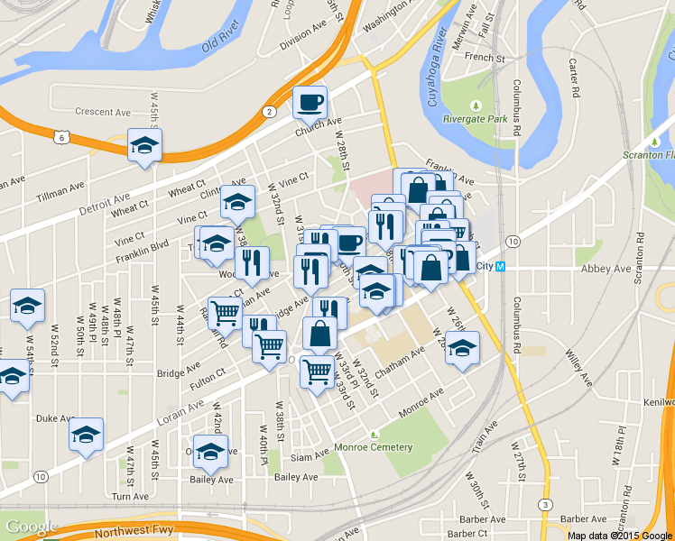 map of restaurants, bars, coffee shops, grocery stores, and more near 1883 Fulton Road in Cleveland