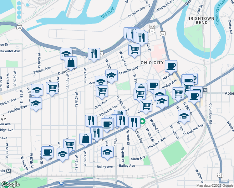 map of restaurants, bars, coffee shops, grocery stores, and more near 3905 Woodbine Avenue in Cleveland