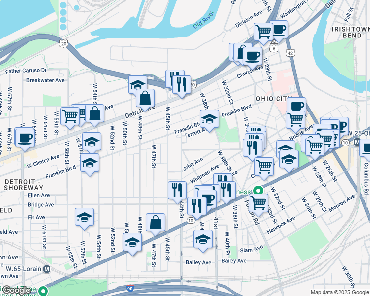 map of restaurants, bars, coffee shops, grocery stores, and more near 4201 Woodbine Avenue in Cleveland