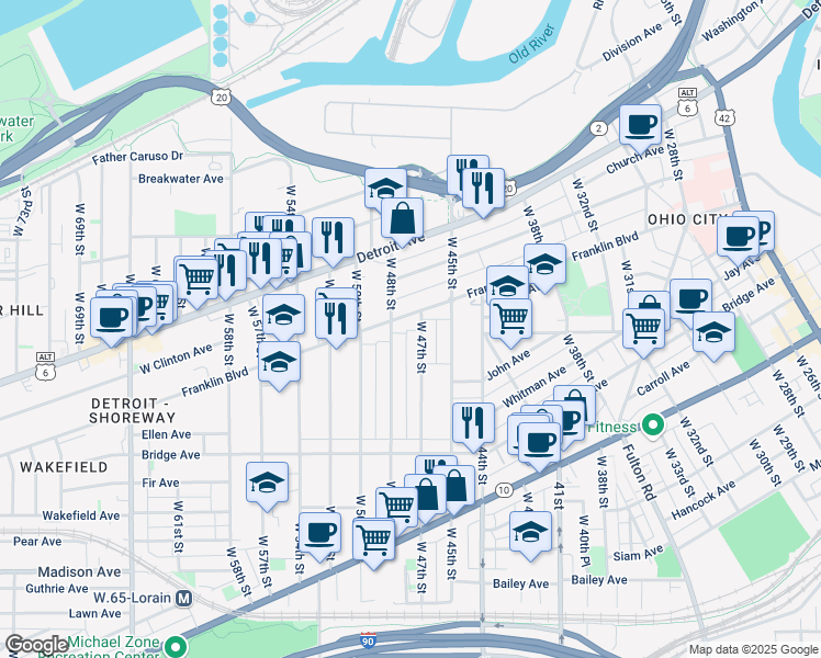 map of restaurants, bars, coffee shops, grocery stores, and more near 1767 West 48th Street in Cleveland