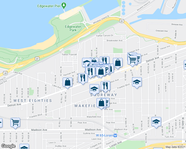 map of restaurants, bars, coffee shops, grocery stores, and more near 1379 West 69th Street in Cleveland