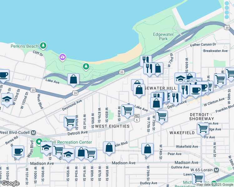 map of restaurants, bars, coffee shops, grocery stores, and more near 8318 Lake Avenue in Cleveland