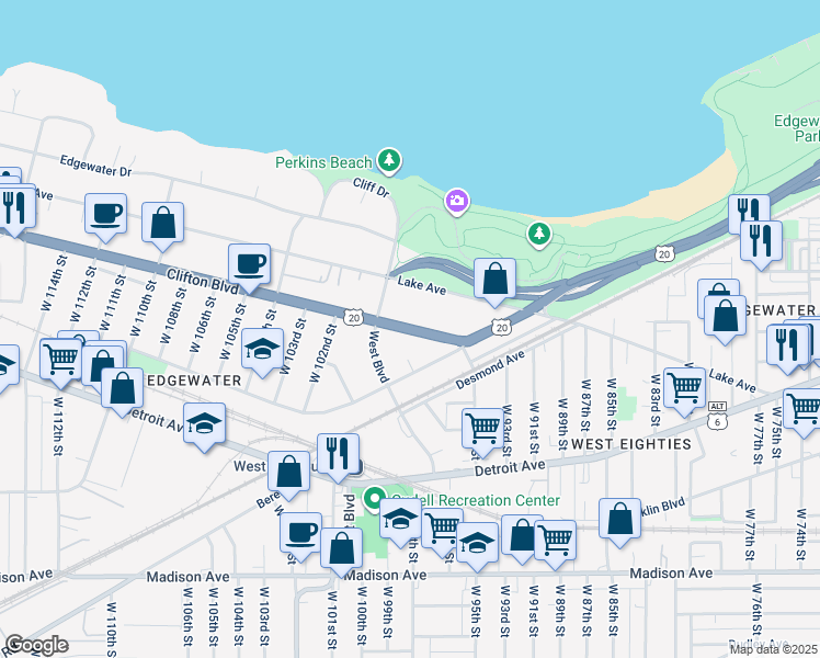 map of restaurants, bars, coffee shops, grocery stores, and more near 9803 Clifton Boulevard in Cleveland