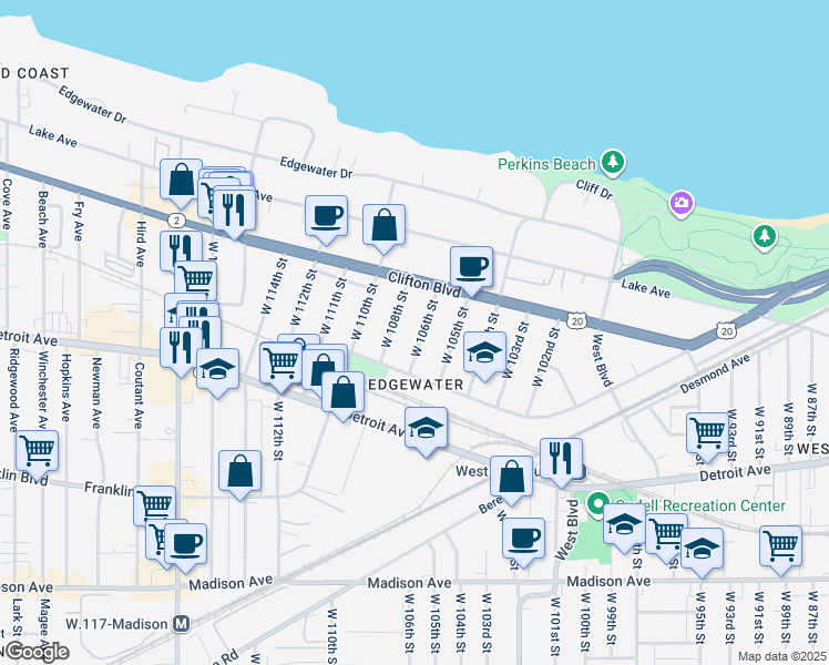 map of restaurants, bars, coffee shops, grocery stores, and more near 1305 West 106th Street in Cleveland