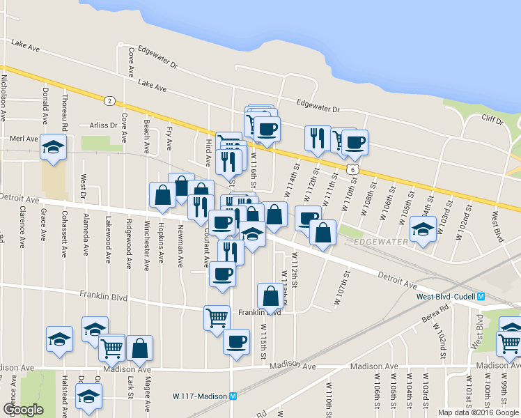 map of restaurants, bars, coffee shops, grocery stores, and more near 11500 Detroit Avenue in Cleveland