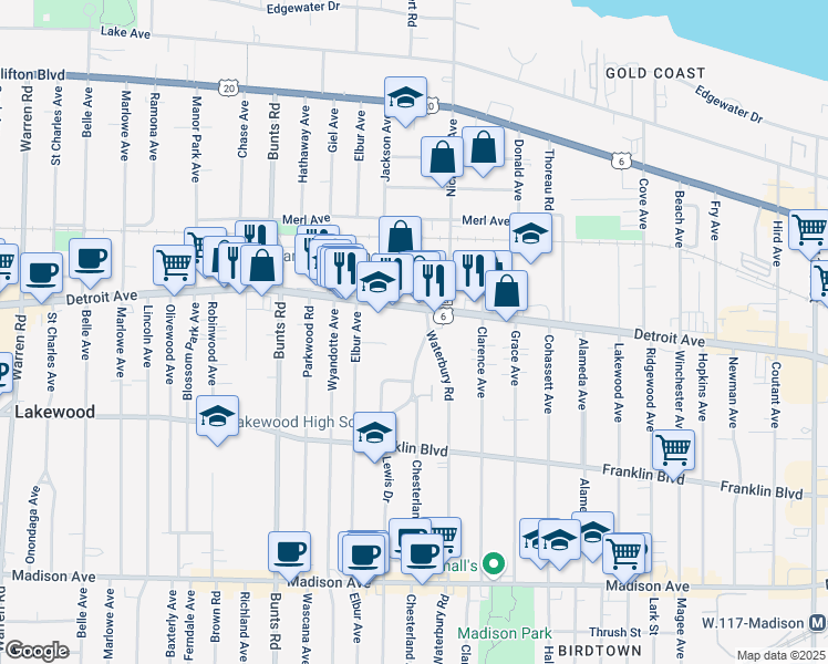 map of restaurants, bars, coffee shops, grocery stores, and more near 1434 Lewis Drive in Lakewood