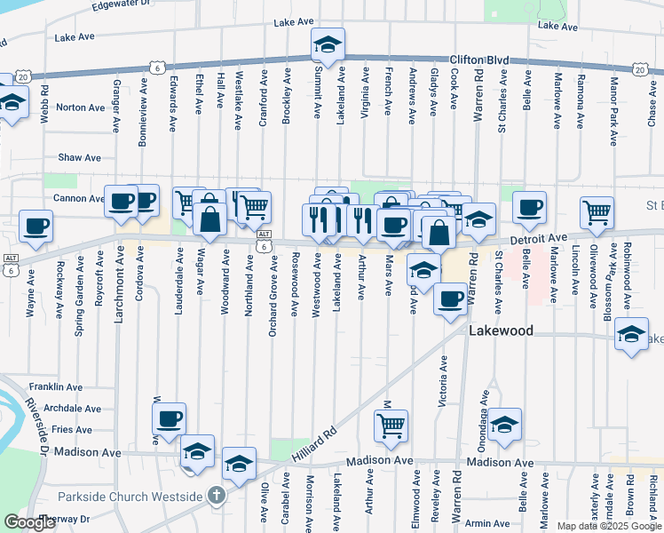 map of restaurants, bars, coffee shops, grocery stores, and more near 1437 Westwood Avenue in Lakewood