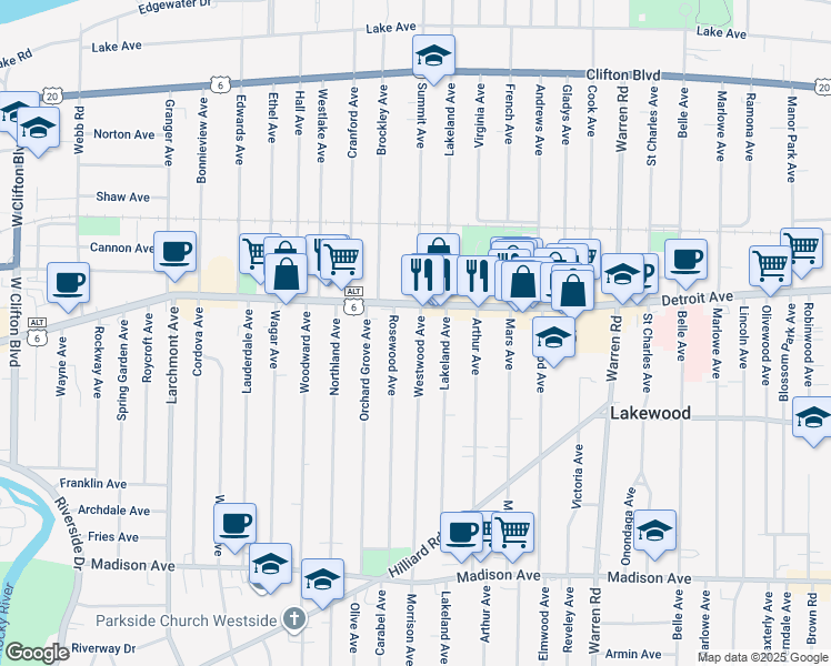 map of restaurants, bars, coffee shops, grocery stores, and more near 1437 Westwood Avenue in Lakewood