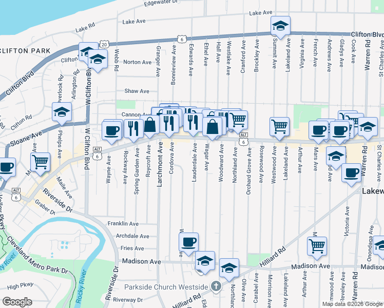 map of restaurants, bars, coffee shops, grocery stores, and more near 1452 Lauderdale Avenue in Lakewood