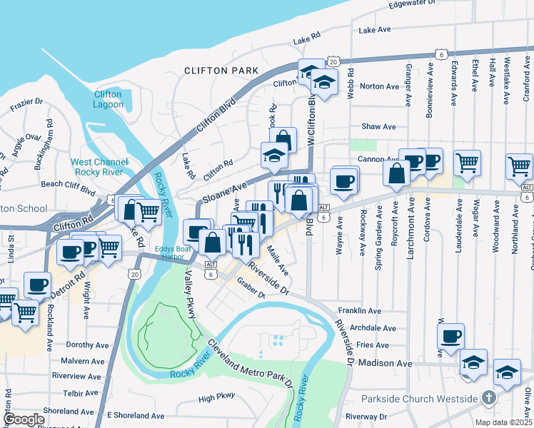 map of restaurants, bars, coffee shops, grocery stores, and more near 18224 Detroit Avenue in Lakewood