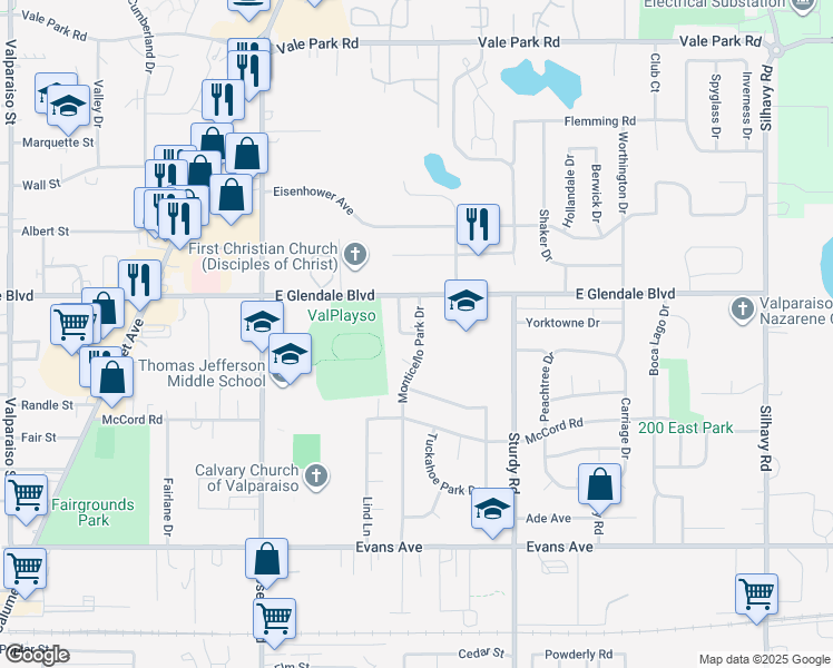 map of restaurants, bars, coffee shops, grocery stores, and more near 1609 Monticello Park Drive in Valparaiso
